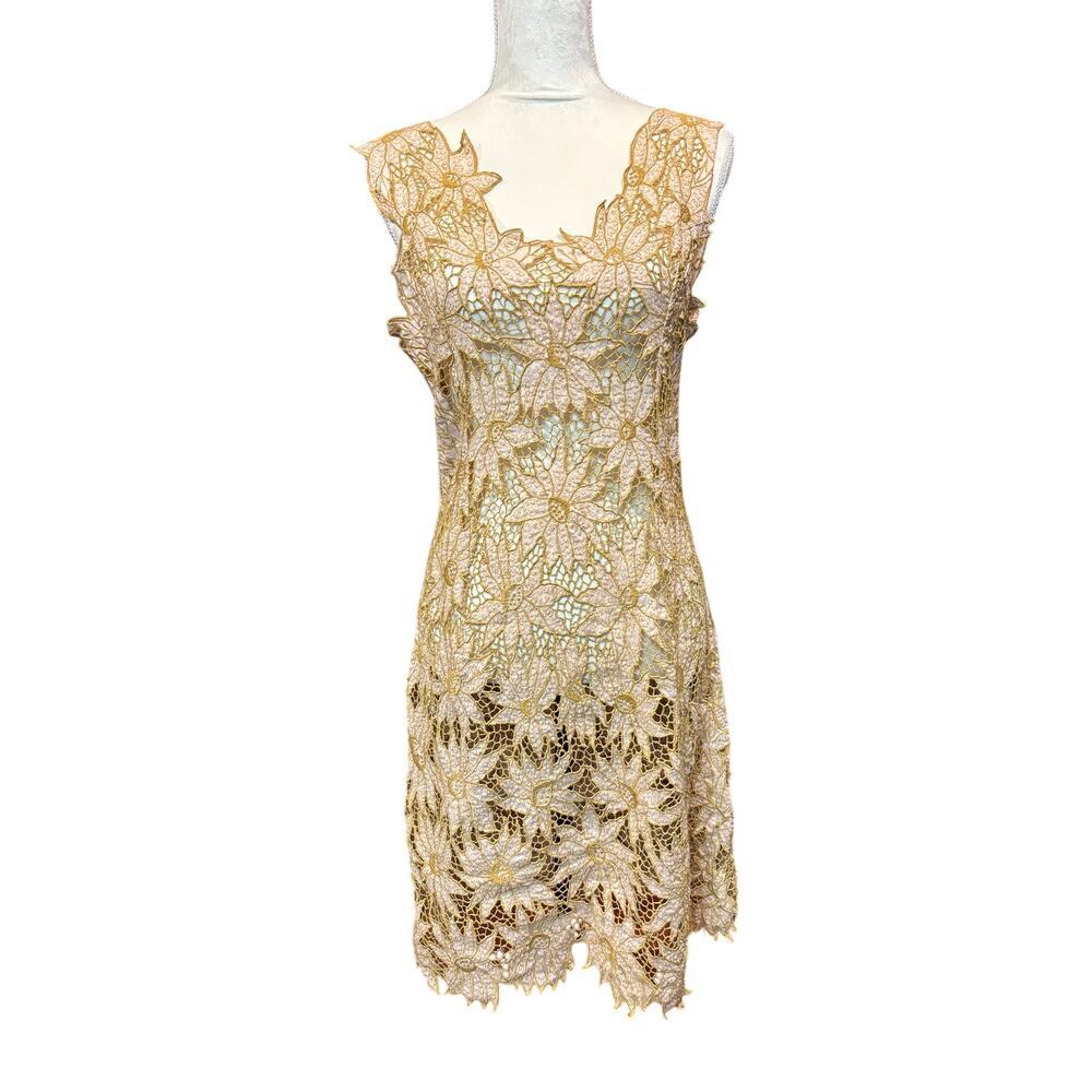 BNWT Chasing Unicorns Metallic Gold Lace Shift Dress Floral Boho Crochet Mini S